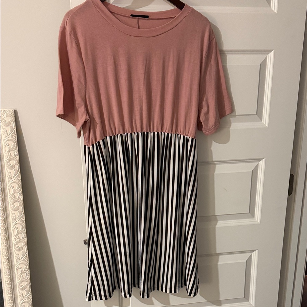 A-line tshirt Dress with Pink Top Black and white Striped Skirt 2XL